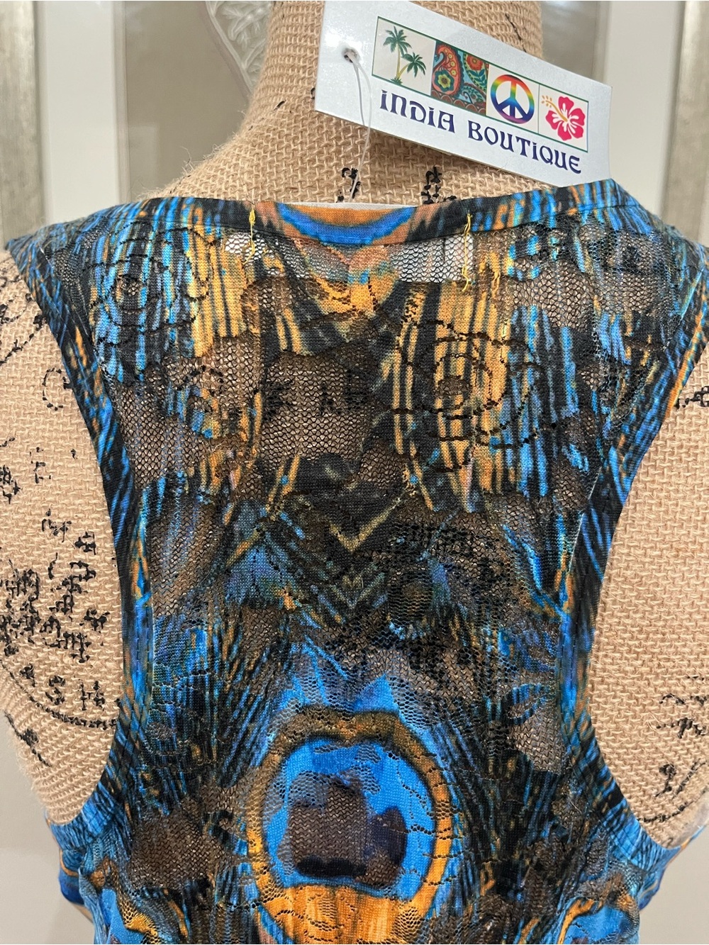NWT India Boutique Blue Peacock Feather Embellished Asymmetric Hem Tank Dress OS - Picture 5 of 8